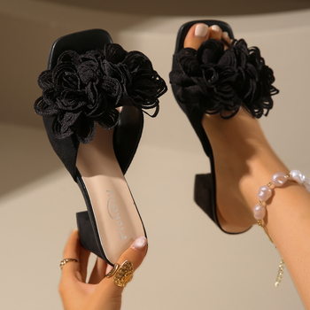 Γυναικείες παντόφλες με λουλούδια σε στυλ νεράιδας 2024, νέες διασυνοριακές μοντέρνες παντόφλες, καλοκαιρινά ροζ σανδάλια
