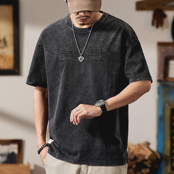 Ανδρικό μπλουζάκι American Heavyweight Retro Washed με κοντομάνικο μπλουζάκι για άνδρες, καλοκαίρι 2025, νέο μπλουζάκι με στάμπα Letter και μισό μανίκι για άνδρες