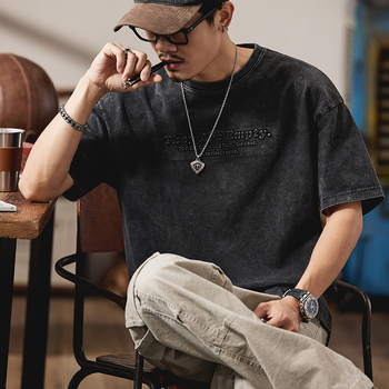 Ανδρικό μπλουζάκι American Heavyweight Retro Washed με κοντομάνικο μπλουζάκι για άνδρες, καλοκαίρι 2025, νέο μπλουζάκι με στάμπα Letter και μισό μανίκι για άνδρες