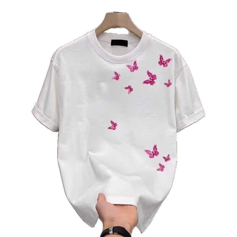 2025 Nova trendi muška bijela majica kratkih rukava s okruglim izrezom i printom, široka, ljetna, od čistog pamuka