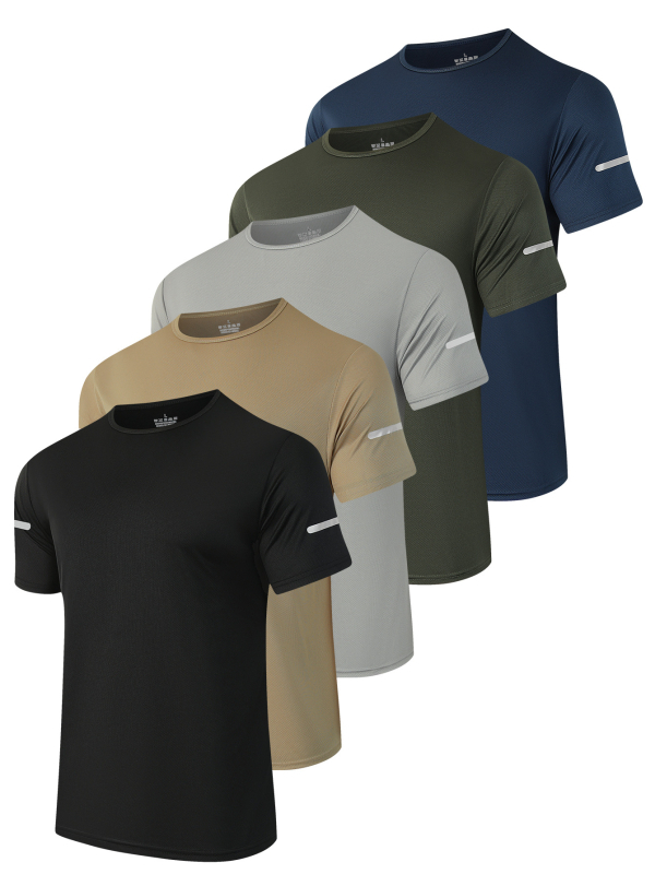 Muški set od 5 dijelova s reflektirajućim trakama, okruglim izrezom i kratkim rukavima, top za slobodno vrijeme, fitness, trčanje i aktivnosti na otvorenom