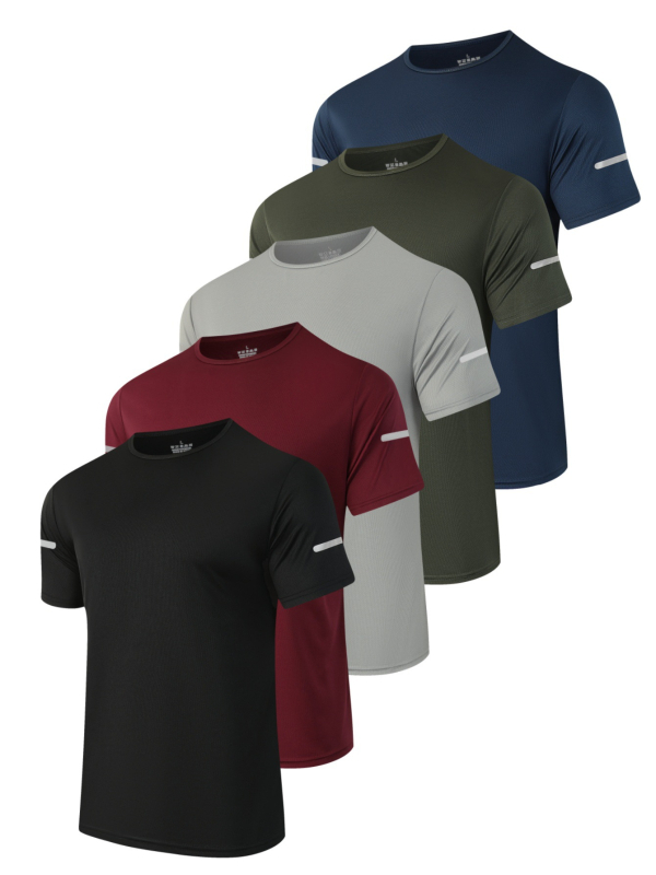 Muški set od 5 dijelova s reflektirajućim trakama, okruglim izrezom i kratkim rukavima, top za slobodno vrijeme, fitness, trčanje i aktivnosti na otvorenom