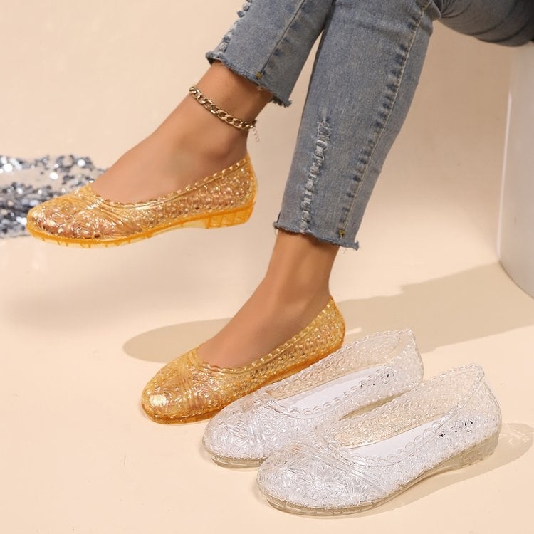 Sandale de cristal pentru femei 2025, vara, la modă, îmbrăcăminte exterioară, cu goluri, plate, din cauciuc, jeleu, pantofi pentru femei, pantofi casual de plajă, en-gros