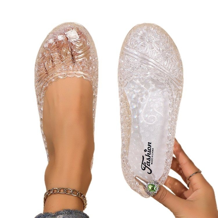 Sandale de cristal pentru femei 2025, vara, la modă, îmbrăcăminte exterioară, cu goluri, plate, din cauciuc, jeleu, pantofi pentru femei, pantofi casual de plajă, en-gros