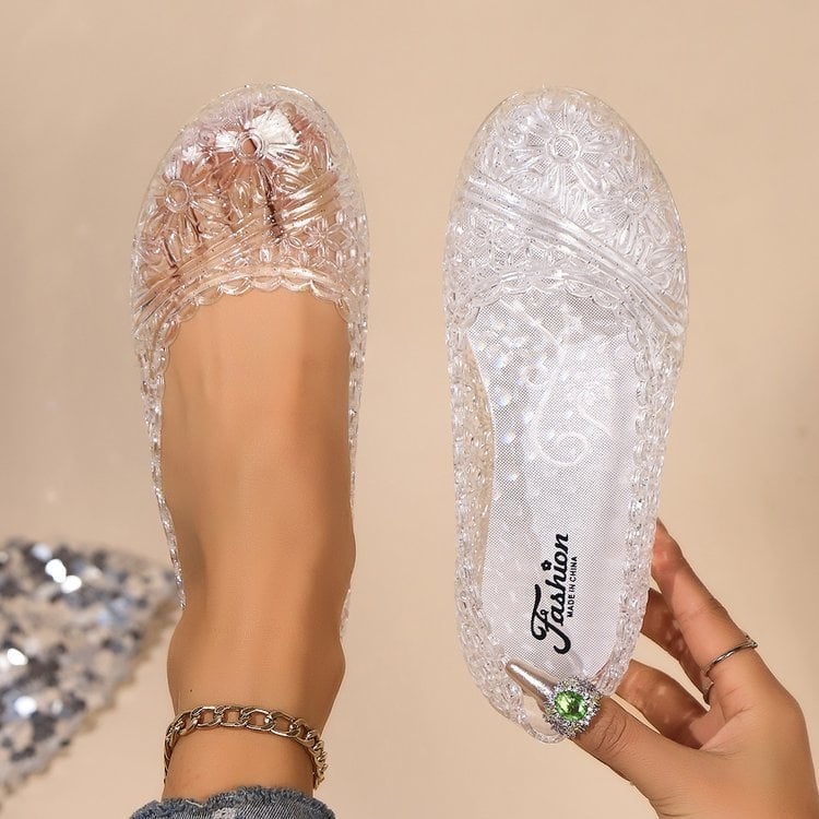 Sandale de cristal pentru femei 2025, vara, la modă, îmbrăcăminte exterioară, cu goluri, plate, din cauciuc, jeleu, pantofi pentru femei, pantofi casual de plajă, en-gros