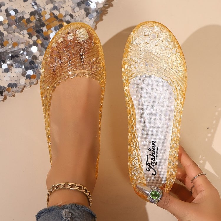 Sandale de cristal pentru femei 2025, vara, la modă, îmbrăcăminte exterioară, cu goluri, plate, din cauciuc, jeleu, pantofi pentru femei, pantofi casual de plajă, en-gros