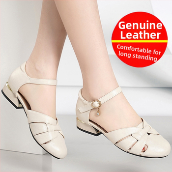 Baotou sandale za žene, ljetne, debele pete, mekani potplat, okrugli prsti, ravno dno, šuplje ženske cipele, lagane kožne cipele za majke srednjih godina