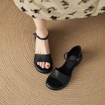 Γαλλικά ρετρό σανδάλια με ανοιχτά δάχτυλα για καλοκαιρινές εξωτερικές ενδυμασίες γυναικών 2025, νέα, μαλακά δερμάτινα, casual, μονόγραμμα, με χοντρή σόλα, ρωμαϊκά σανδάλια