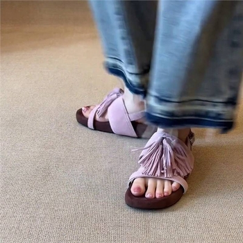 Δέρμα κατσίκας ~ Γαλλικά ρετρό σανδάλια με φούντες σε στιλ ρωμαϊκών διακοπών, άνετα σανδάλια, γυναικεία φλατ παντόφλες με τιράντες στην πλάτη