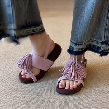 Δέρμα κατσίκας ~ Γαλλικά ρετρό σανδάλια με φούντες σε στιλ ρωμαϊκών διακοπών, άνετα σανδάλια, γυναικεία φλατ παντόφλες με τιράντες στην πλάτη