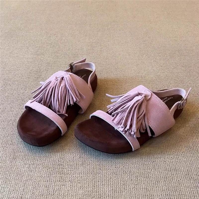 Puna kozja koža ~ Udobne sandale u francuskom retro stilu s resicama u rimskom blagdanskom stilu, ženske ravne papuče s remenom na leđima