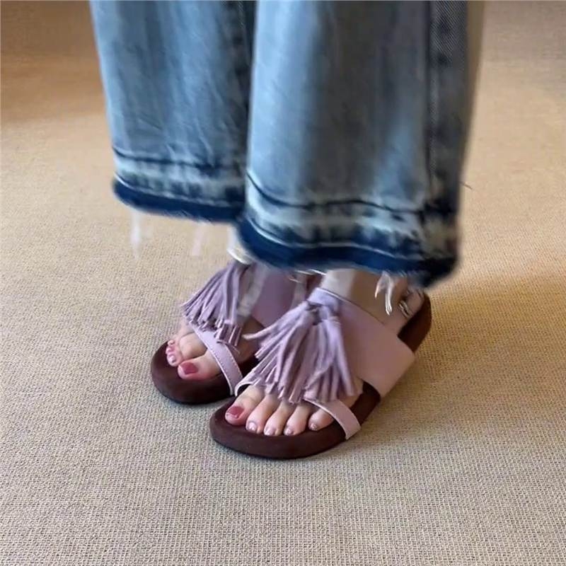 Puna kozja koža ~ Udobne sandale u francuskom retro stilu s resicama u rimskom blagdanskom stilu, ženske ravne papuče s remenom na leđima