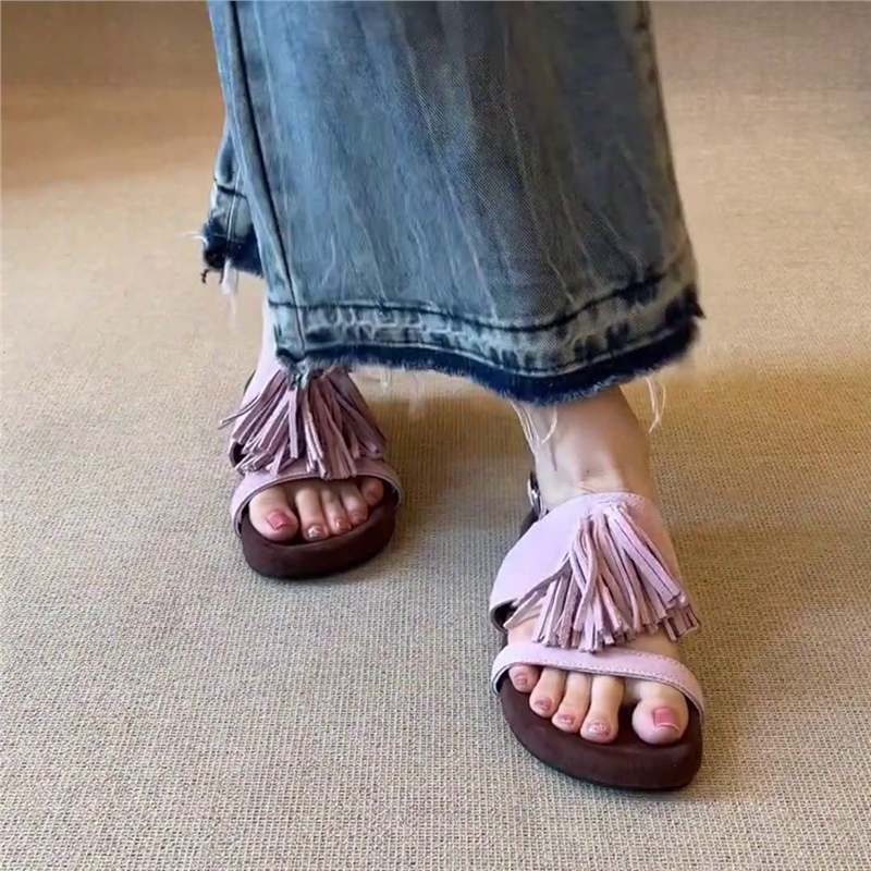 Puna kozja koža ~ Udobne sandale u francuskom retro stilu s resicama u rimskom blagdanskom stilu, ženske ravne papuče s remenom na leđima