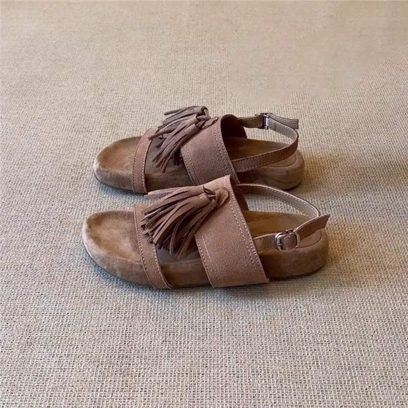 Puna kozja koža ~ Udobne sandale u francuskom retro stilu s resicama u rimskom blagdanskom stilu, ženske ravne papuče s remenom na leđima