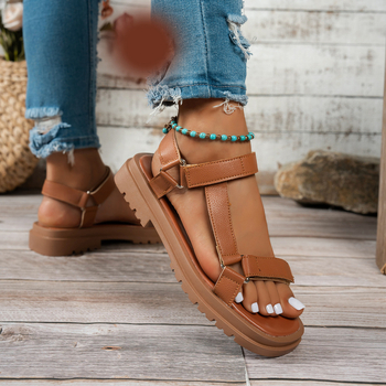 Νέα σανδάλια για γυναίκες που φορούν έξω το καλοκαίρι, μονόχρωμα, φλατ σανδάλια με ανοιχτά δάχτυλα και βέλκρο, σανδάλια για παραθαλάσσια παραλία