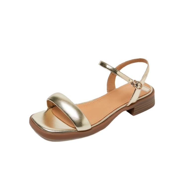 Sandale de damă cu vârful deschis, vârful pătrat, toc jos, primăvară/vară 2024, sandale antiderapante aurii, asortate, cu toc gros