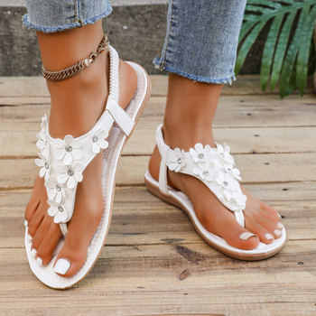 Διασυνοριακός Ανεξάρτητος Σταθμός Εξωτερικού Εμπορίου Νέα Μποέμ Στυλ Σανδάλια με Κλιπ Γυναικεία Λουλούδια με Χάντρες Στρας Flat Beach