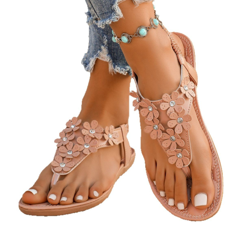 Prekogranična vanjska trgovina Neovisna stanica Nove boemske sandale s kopčama za žene s cvjetnim perlicama i vještačkim kamenjem Ravne sandale za plažu
