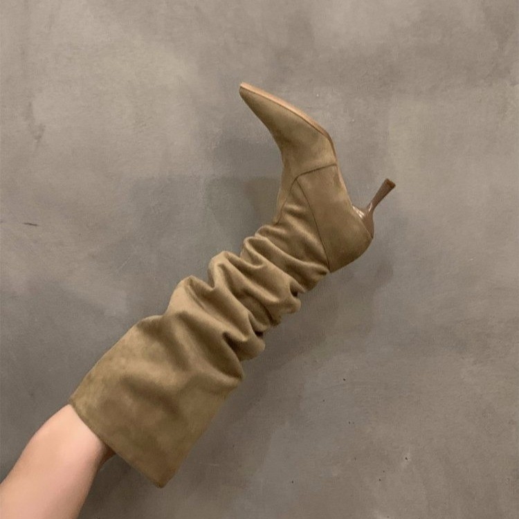 Cizme cu vârf ascuțit pentru femei, cizme înalte cu toc înalt, cizme peste genunchi, cizme mari cu grămadă de sticle