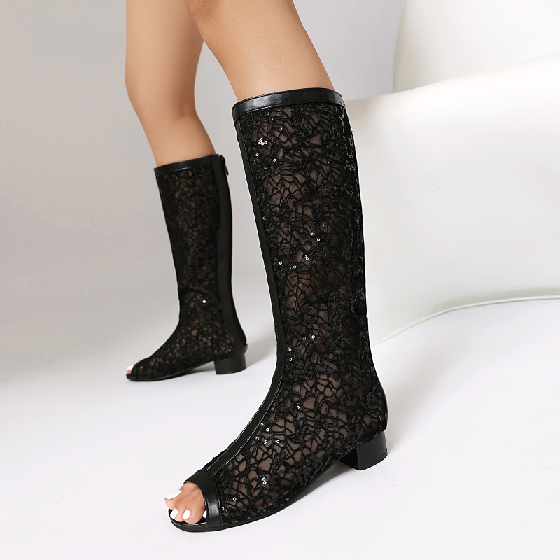40-45 Europska i američka vanjska trgovina Prekogranična AliExpress Proljetne i ljetne ženske čizme s niskom petom, mrežaste šuplje hladne čizme s uzorkom ribljih usta Z66
