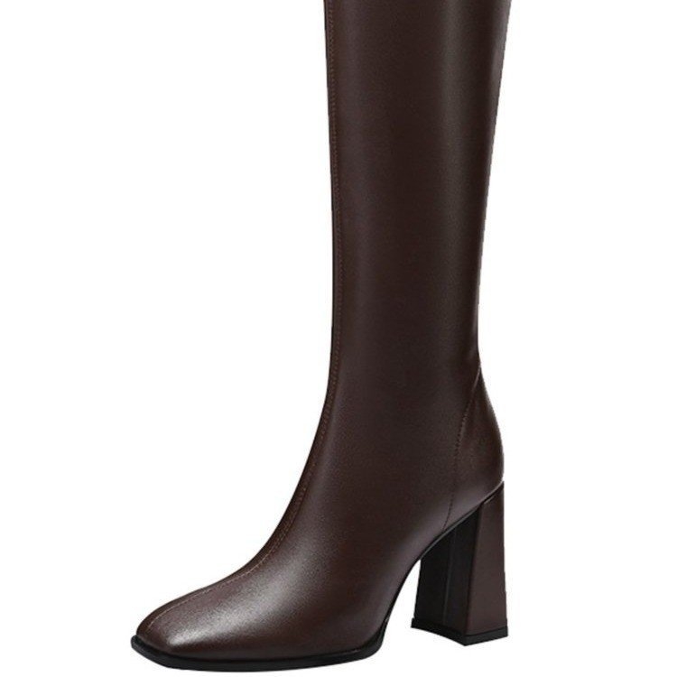 Male duge čizme za žene do koljena 2025. Nove četvrtaste čizme s debelom petom, visoke čizme s europskim i američkim viteškim čizmama u jednoj boji za žene