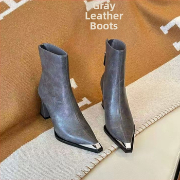 Metalne čizme s visokom petom, otporne na sudare, za žene, nove europske i američke čizme s debelom petom i patentnim zatvaračem straga, svestrane modne čizme iz 2025.