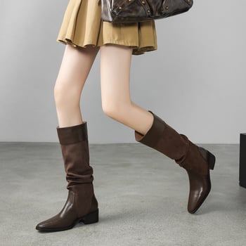 Čizme od kravlje kože s plišanim šivanjem, lijeni stil, viteške čizme za jesen i zimu 2025., debele i srednje pete, s četvrtastim vrhom, visoke čizme od prave kože za žene