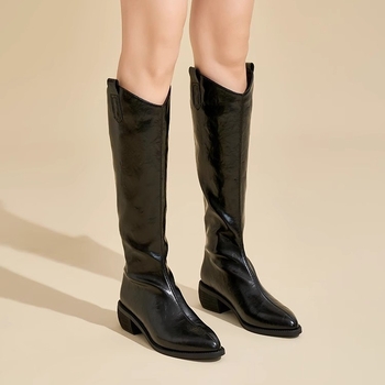 Qiaofei Fei Cizme peste genunchi cu vârful ascuțit 2025 Toc gros maro cu gura în V, circumferință mare a tubului, aspect slăbit, cizme groase mm