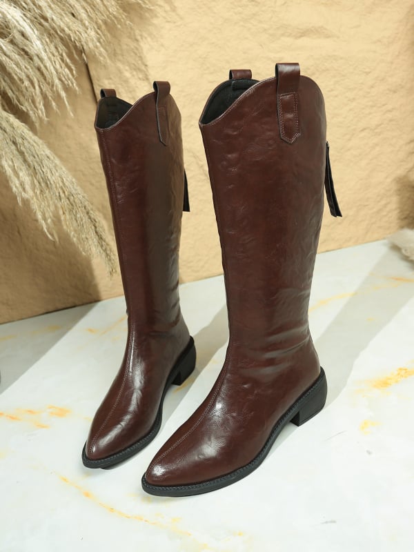 Qiaofei Fei Cizme peste genunchi cu vârful ascuțit 2025 Toc gros maro cu gura în V, circumferință mare a tubului, aspect slăbit, cizme groase mm