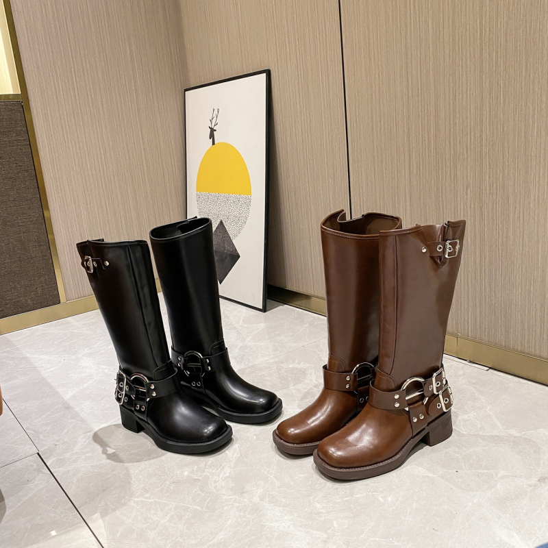 Popularne kožne čizme za žene Proljeće i ljeto Nove retro zapadnjačke kaubojske čizme Čizme s kopčom za remen Mekane kožne viteške čizme s rukavima za žene