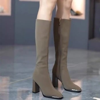 Cizme cu toc înalt și cap pătrat metalic în stil britanic, toc gros, toamna 2024, cizme noi subțiri, cizme la modă pentru femei