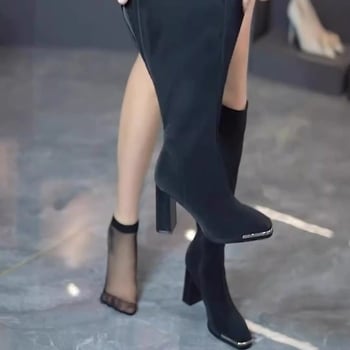 Cizme cu toc înalt și cap pătrat metalic în stil britanic, toc gros, toamna 2024, cizme noi subțiri, cizme la modă pentru femei