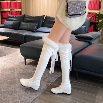 Pantofi cu toc plat, cu șireturi la spate, cu vârf rotund mic, cizme cu blană naturală de iepure, cizme lungi la genunchi, mărime mare