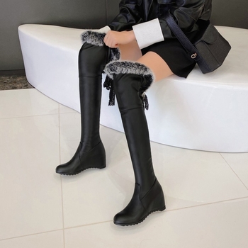 Pantofi cu toc plat, cu șireturi la spate, cu vârf rotund mic, cizme cu blană naturală de iepure, cizme lungi la genunchi, mărime mare