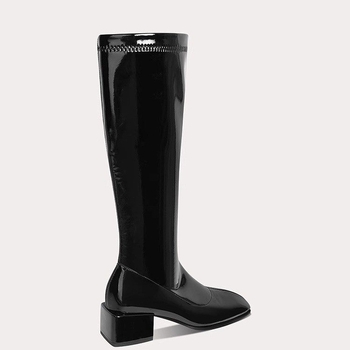 Bočne sjajne kožne čizme s patentnim zatvaračem za žene 2025. Nove europske i američke udobne viteške čizme s debelom petom, izvozne prekogranične ženske čizme velikih veličina