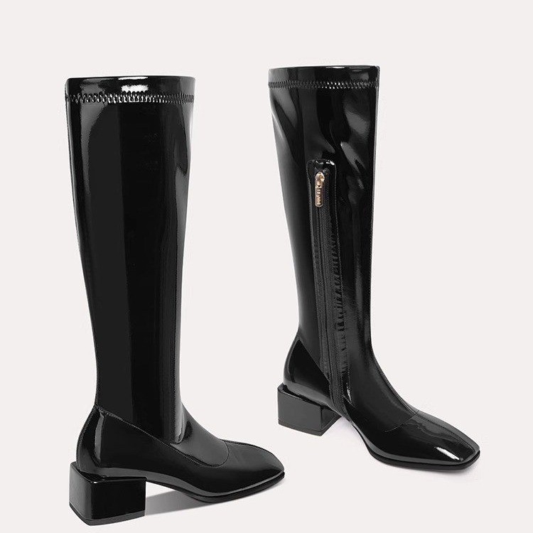 Bočne sjajne kožne čizme s patentnim zatvaračem za žene 2025. Nove europske i američke udobne viteške čizme s debelom petom, izvozne prekogranične ženske čizme velikih veličina