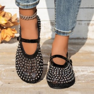 Γυναικεία σανδάλια Mary Jane με στρας, αναπνεύσιμα, άνοιξη και καλοκαίρι 2025, νέα, υψηλής ποιότητας, μονόγραμμη αγκράφα και ρηχό στόμα