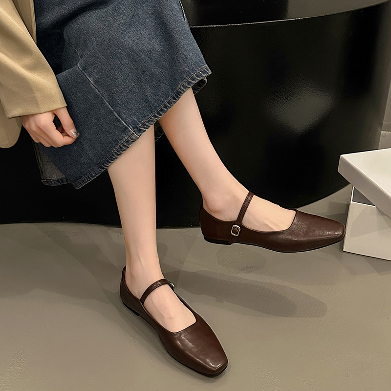 Pantofi cu gura mică și adâncă French Late Breeze pentru femei 2024, primăvara și toamna nouă, cu vârf rotund retro, Mary Jane, pantofi cu toc plat