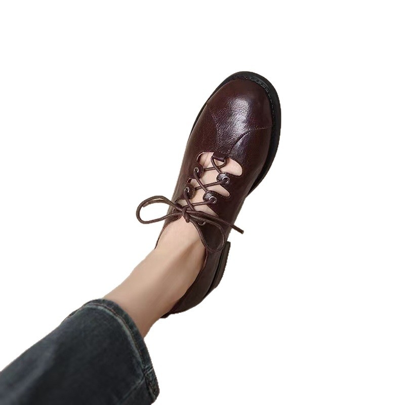 Pantofi Mary Jane cu toc jos, stil britanic, cu vârf rotund și șireturi, stil vară 2025, noi