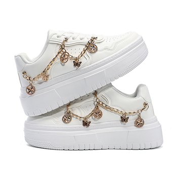 Pantofi sport casual cu un singur strat pentru femei, mărime plus, cu talpă groasă, cu pandantiv metalic auriu, albi, ușori, cu șireturi și talpă joasă