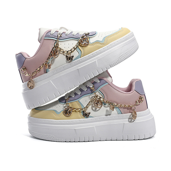 Γυναικεία casual παπούτσια μονής στρώσης για μεγάλα μεγέθη, με χοντρή σόλα και χρυσό μεταλλικό μενταγιόν που αυξάνει το ύψος, λευκά παπούτσια, ελαφριά, χαμηλά αθλητικά παπούτσια με κορδόνια