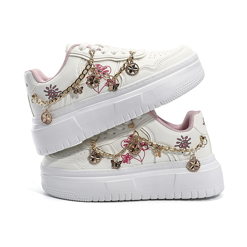 Pantofi sport casual cu un singur strat pentru femei, mărime plus, cu talpă groasă, cu pandantiv metalic auriu, albi, ușori, cu șireturi și talpă joasă