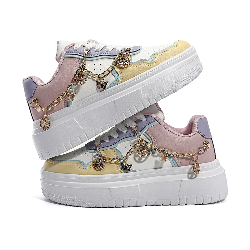 Pantofi sport casual cu un singur strat pentru femei, mărime plus, cu talpă groasă, cu pandantiv metalic auriu, albi, ușori, cu șireturi și talpă joasă