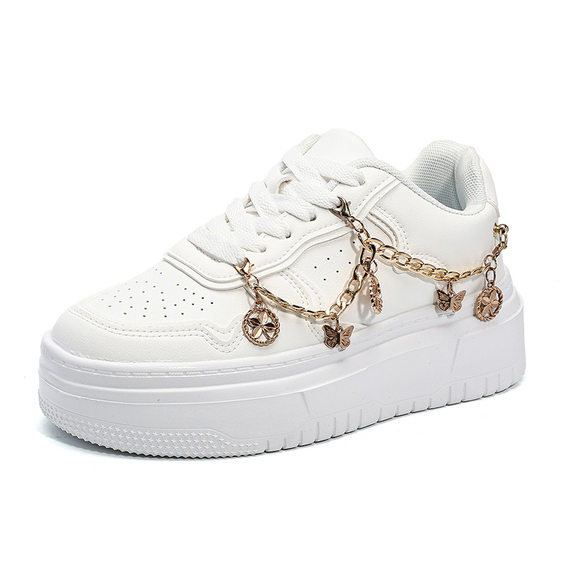 Pantofi sport casual cu un singur strat pentru femei, mărime plus, cu talpă groasă, cu pandantiv metalic auriu, albi, ușori, cu șireturi și talpă joasă