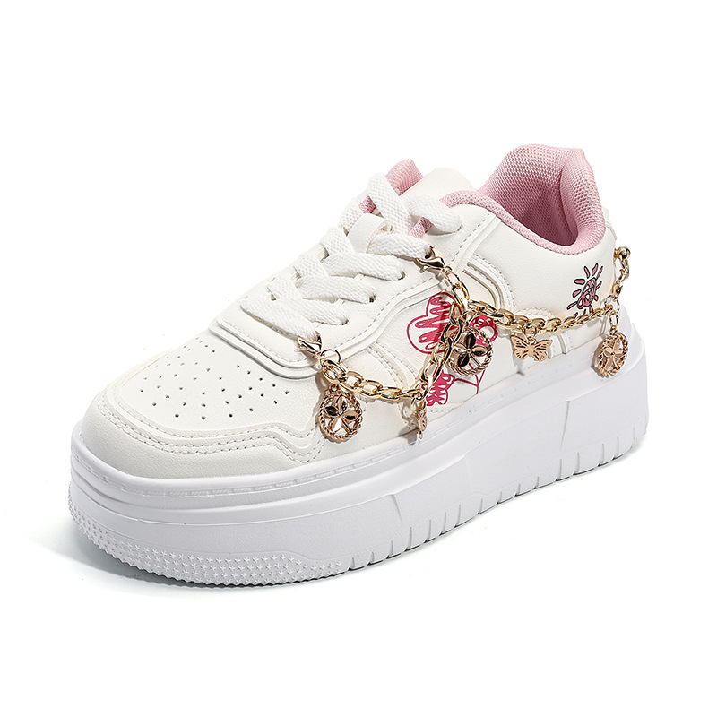 Pantofi sport casual cu un singur strat pentru femei, mărime plus, cu talpă groasă, cu pandantiv metalic auriu, albi, ușori, cu șireturi și talpă joasă