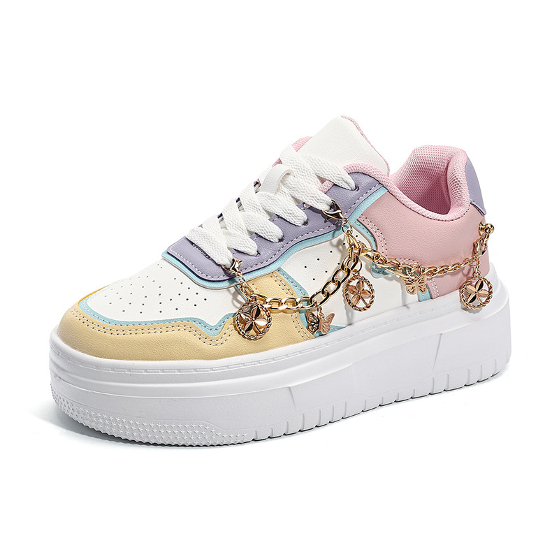 Pantofi sport casual cu un singur strat pentru femei, mărime plus, cu talpă groasă, cu pandantiv metalic auriu, albi, ușori, cu șireturi și talpă joasă