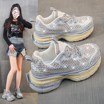 Pantofi sport casual Joker cu fund gros, confortabili, cu plasă de pescuit, la modă, cu strasuri, stil străin, pentru cupluri, Torre, 2025