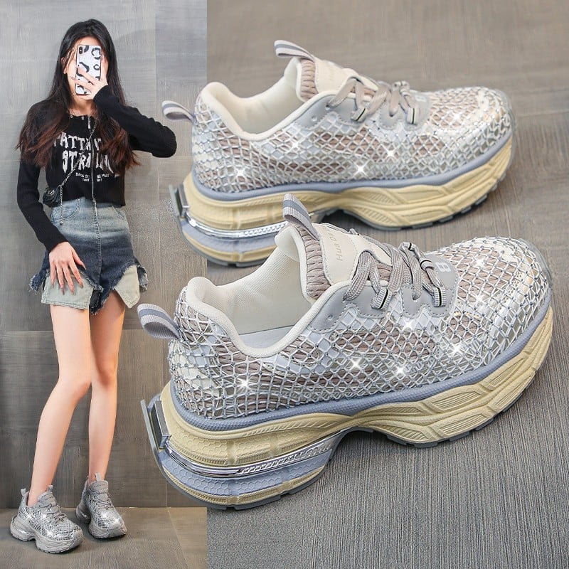 Pantofi sport casual Joker cu fund gros, confortabili, cu plasă de pescuit, la modă, cu strasuri, stil străin, pentru cupluri, Torre, 2025