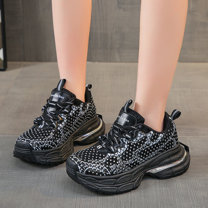 Pantofi sport casual Joker cu fund gros, confortabili, cu plasă de pescuit, la modă, cu strasuri, stil străin, pentru cupluri, Torre, 2025