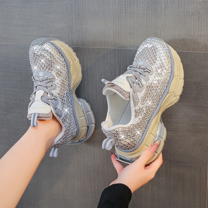 Pantofi sport casual Joker cu fund gros, confortabili, cu plasă de pescuit, la modă, cu strasuri, stil străin, pentru cupluri, Torre, 2025